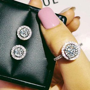 NEW 925 Sterling Silver Diamond Earrings+Ring Set